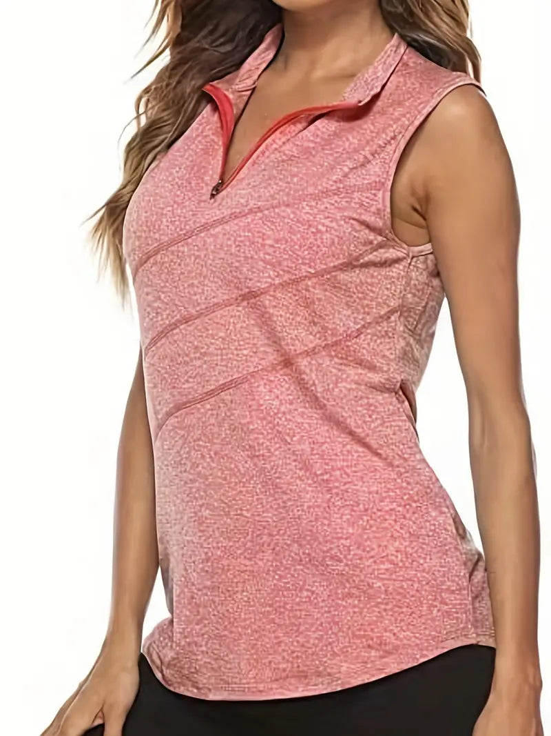 Women's Sleeveless Golf Tennis Breathable Polo Shirt, Solid Color Zip Up Workout Tank Top, Women's Activewear