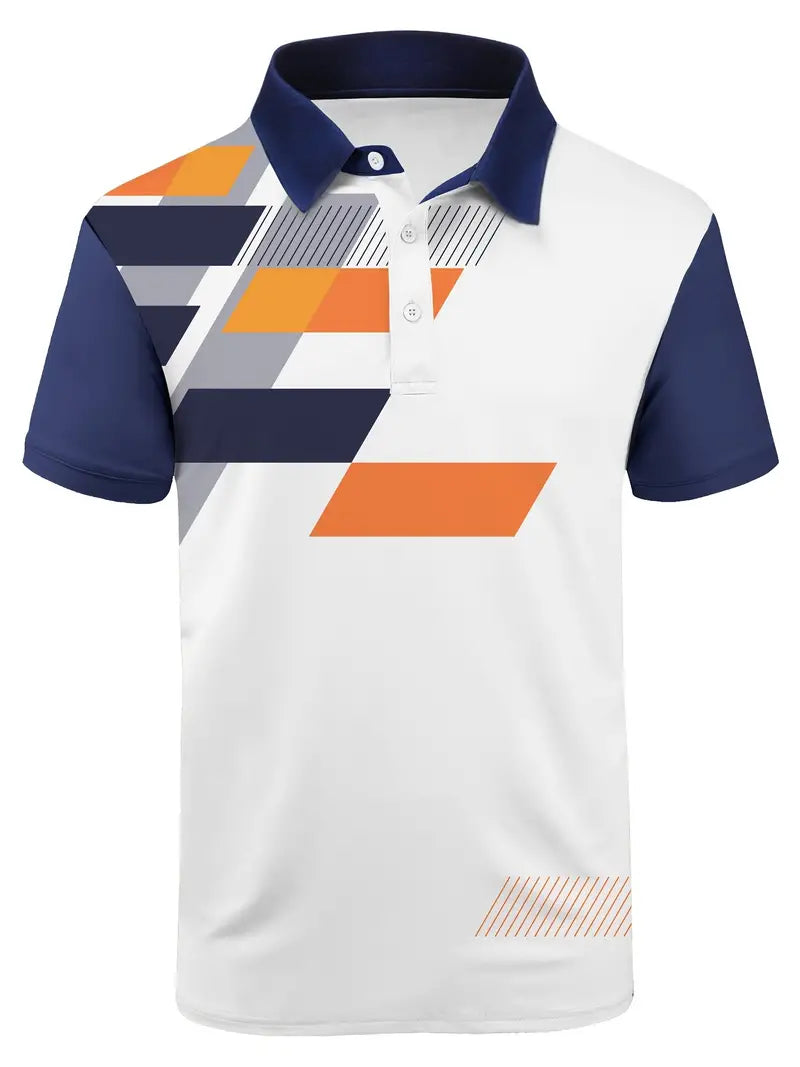 Men's Fashion Color Block Polo Shirts, Comfy Button Up Lapel Short Sleeve T-Shirts For Golf Tennis Outdoor Sport