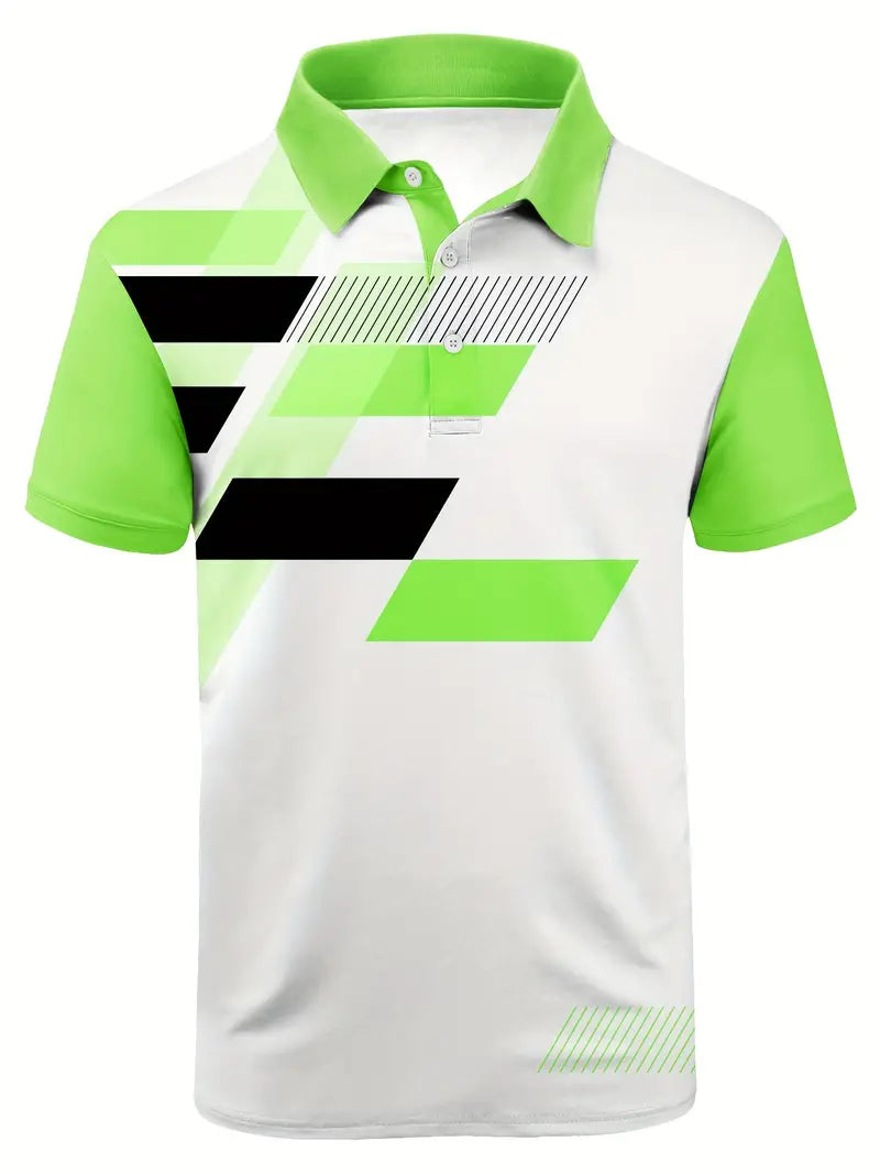 Men's Fashion Color Block Polo Shirts, Comfy Button Up Lapel Short Sleeve T-Shirts For Golf Tennis Outdoor Sport