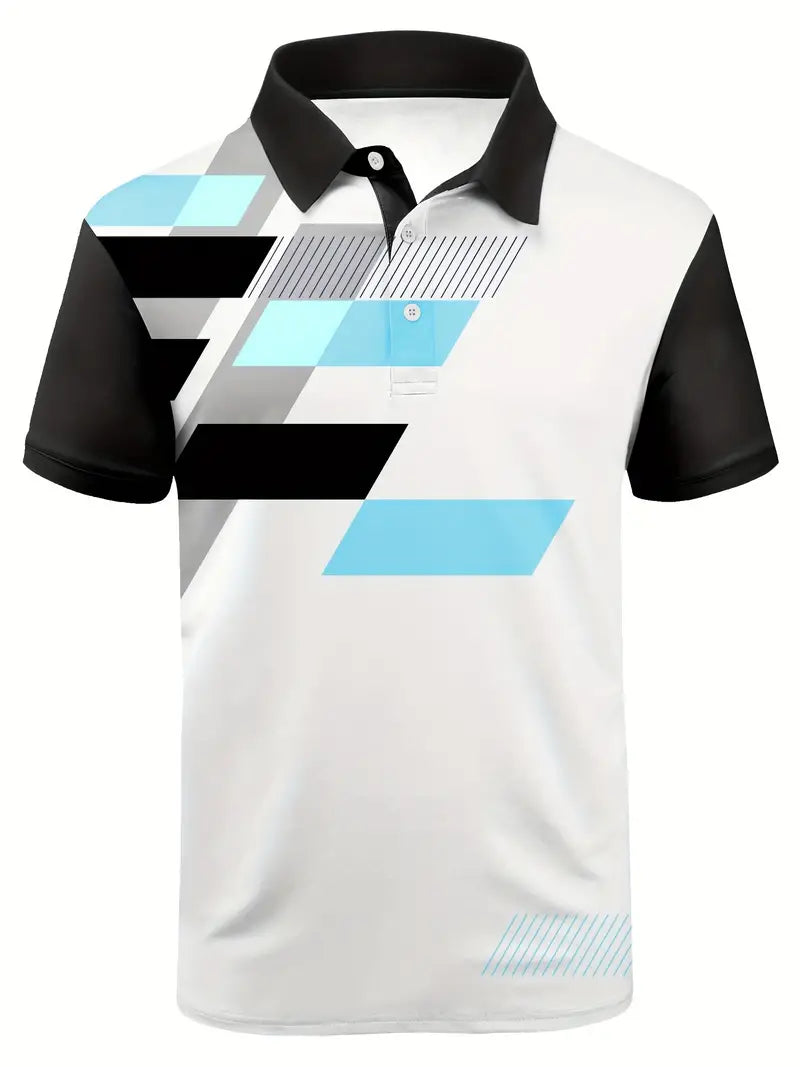 Men's Fashion Color Block Polo Shirts, Comfy Button Up Lapel Short Sleeve T-Shirts For Golf Tennis Outdoor Sport
