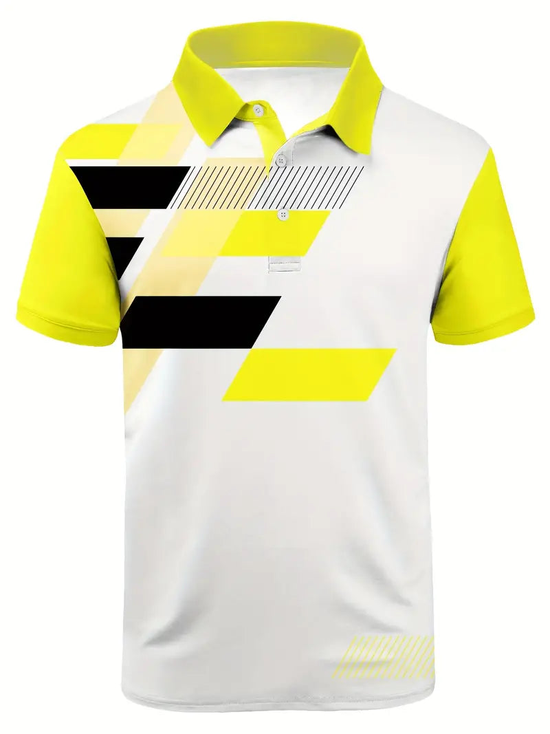 Men's Fashion Color Block Polo Shirts, Comfy Button Up Lapel Short Sleeve T-Shirts For Golf Tennis Outdoor Sport