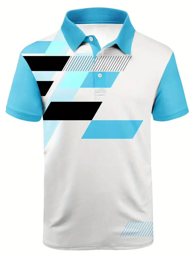 Men's Fashion Color Block Polo Shirts, Comfy Button Up Lapel Short Sleeve T-Shirts For Golf Tennis Outdoor Sport