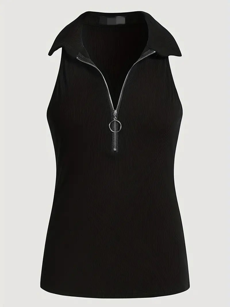 Solid Ribbed Zipper Front Tank Top, Casual Polo Neck Sleeveless Tank Top For Summer,