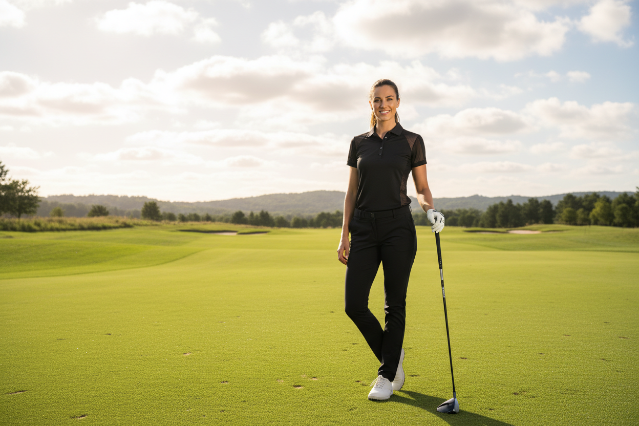 A women with a black polo with mesh standing on a golf course