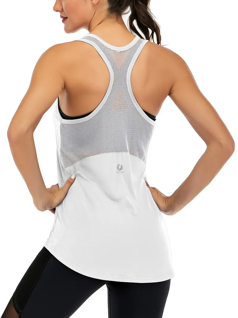 Crew Neck Mesh Backless Yoga Tank Top, Sleeveless Racer Back Fitness Workout golf Gym Casual Sports Shirt, Women's Activewear