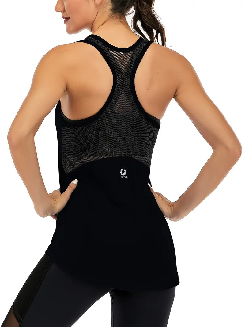 Crew Neck Mesh Backless Yoga Tank Top, Sleeveless Racer Back Fitness Workout golf Gym Casual Sports Shirt, Women's Activewear