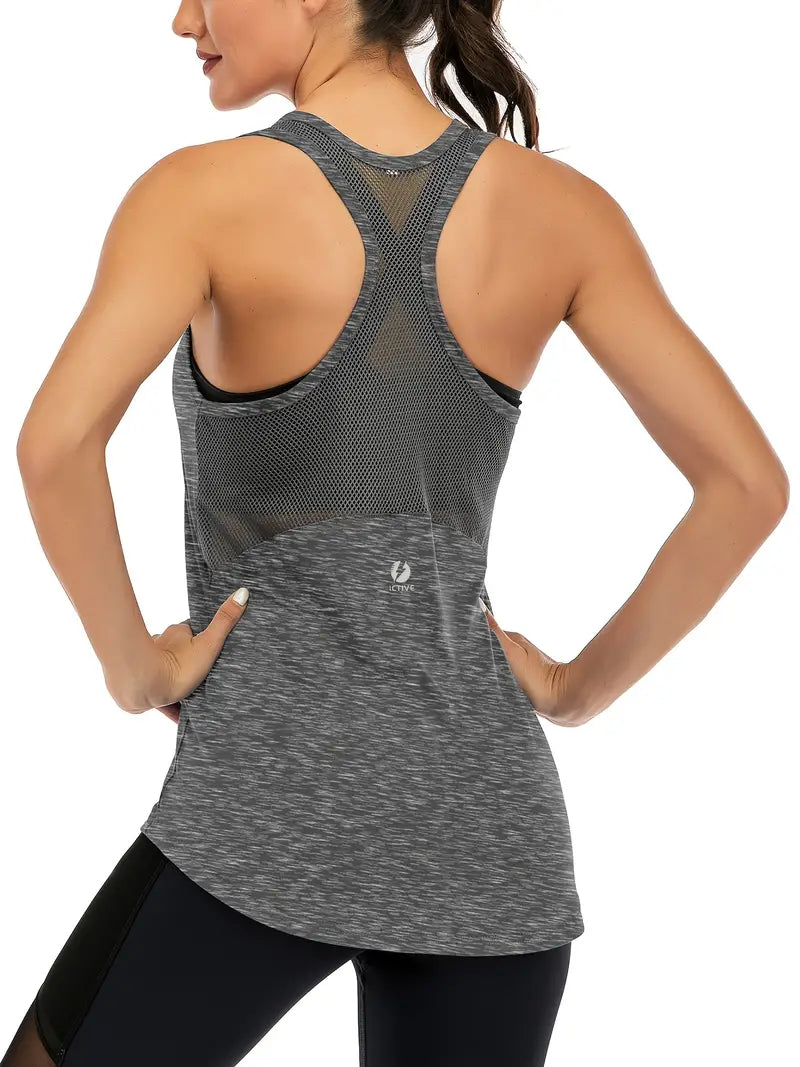 Crew Neck Mesh Backless Yoga Tank Top, Sleeveless Racer Back Fitness Workout golf Gym Casual Sports Shirt, Women's Activewear
