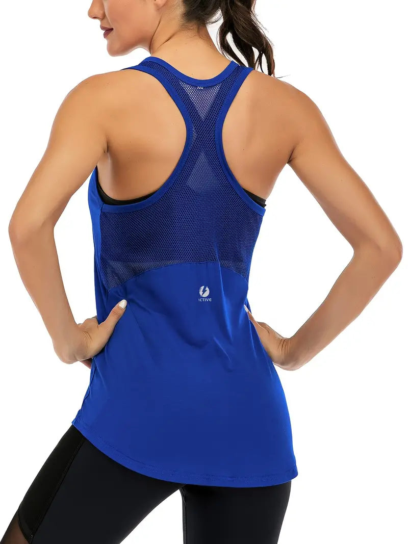 Crew Neck Mesh Backless Yoga Tank Top, Sleeveless Racer Back Fitness Workout golf Gym Casual Sports Shirt, Women's Activewear