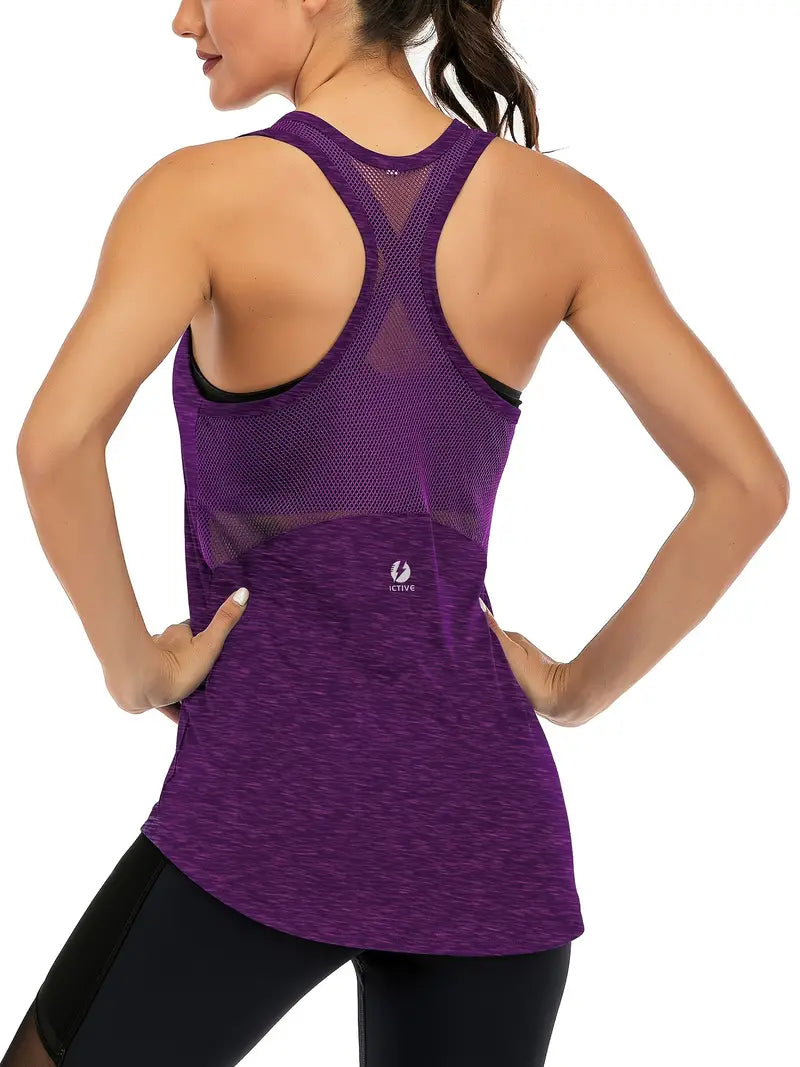 Crew Neck Mesh Backless Yoga Tank Top, Sleeveless Racer Back Fitness Workout golf Gym Casual Sports Shirt, Women's Activewear