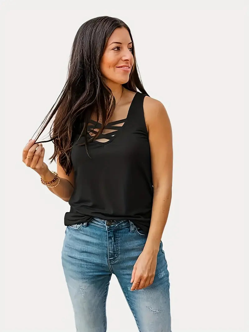 Solid Criss Cross Tank Top, Casual Summer Versatile Sleeveless Top, Women's Clothing