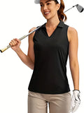 Sleeveless Polo Shirts, Solid Color Half Button Side Slit Tank Top, Women's Clothing
