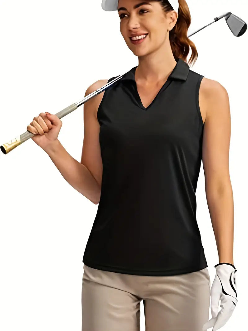 Sleeveless Polo Shirts, Solid Color Half Button Side Slit Tank Top, Women's Clothing