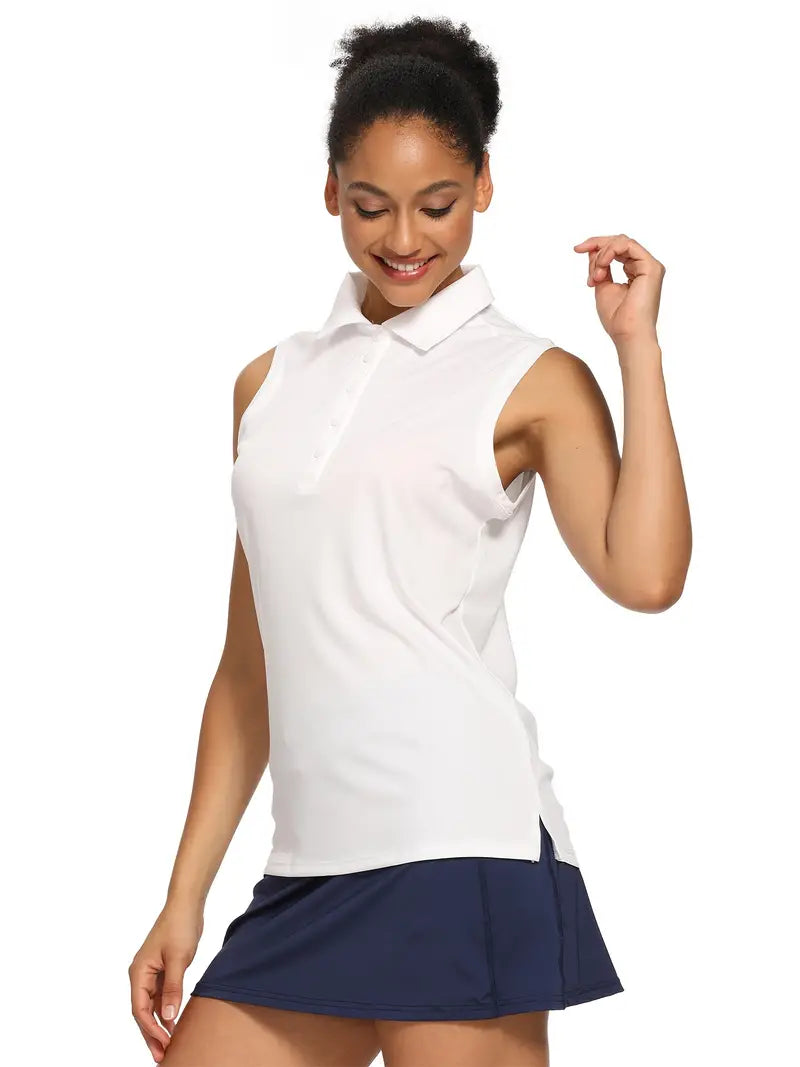 Sleeveless Polo Shirts, Solid Color Half Button Side Slit Tank Top, Women's Clothing