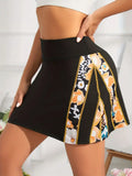Tropical Style Print Stitching Skort, Short Skirts For Sports Fitness Yoga,golf Running With Shorts