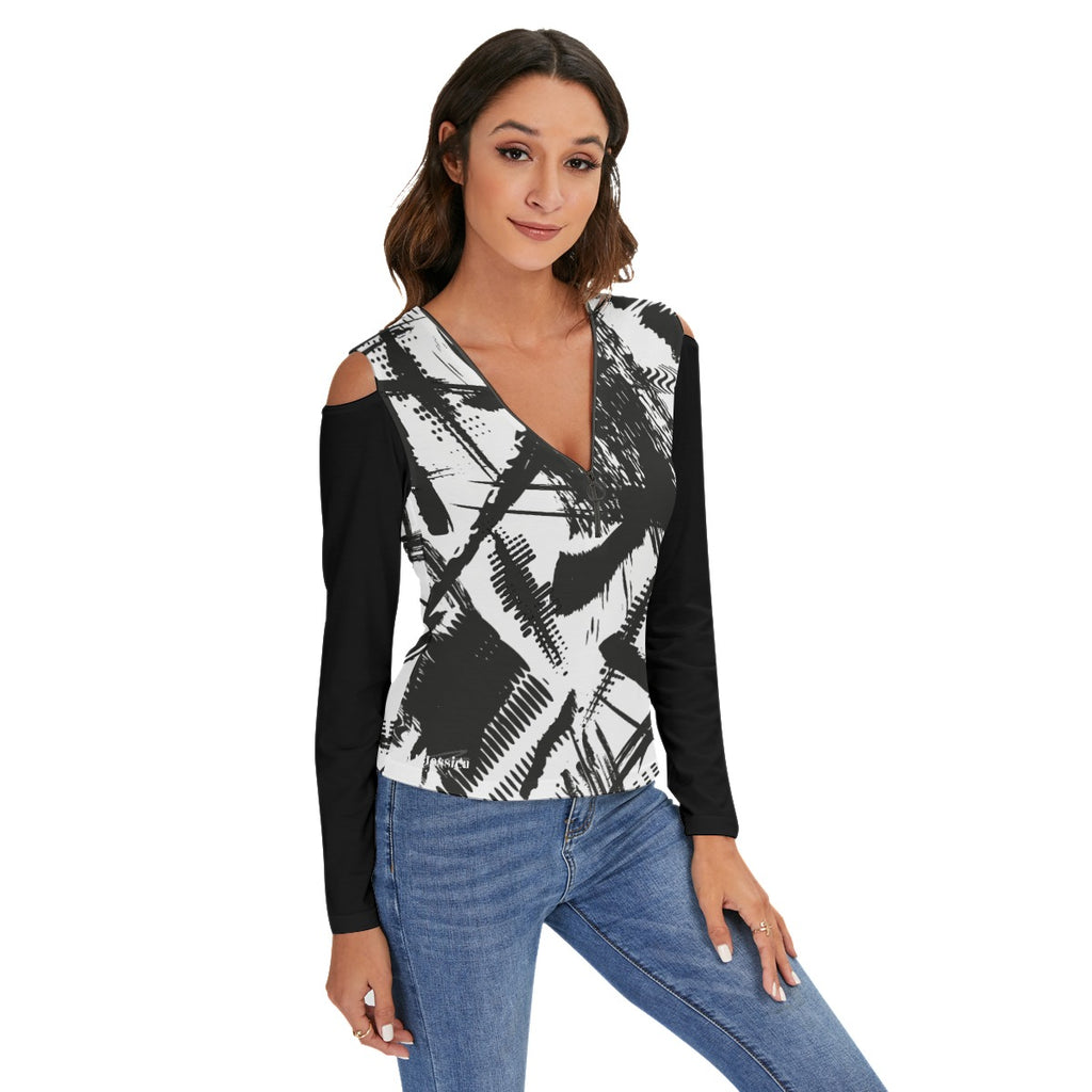 LB Jessica Black and white print Cold Shoulder Half Zip V-Neck Blouse