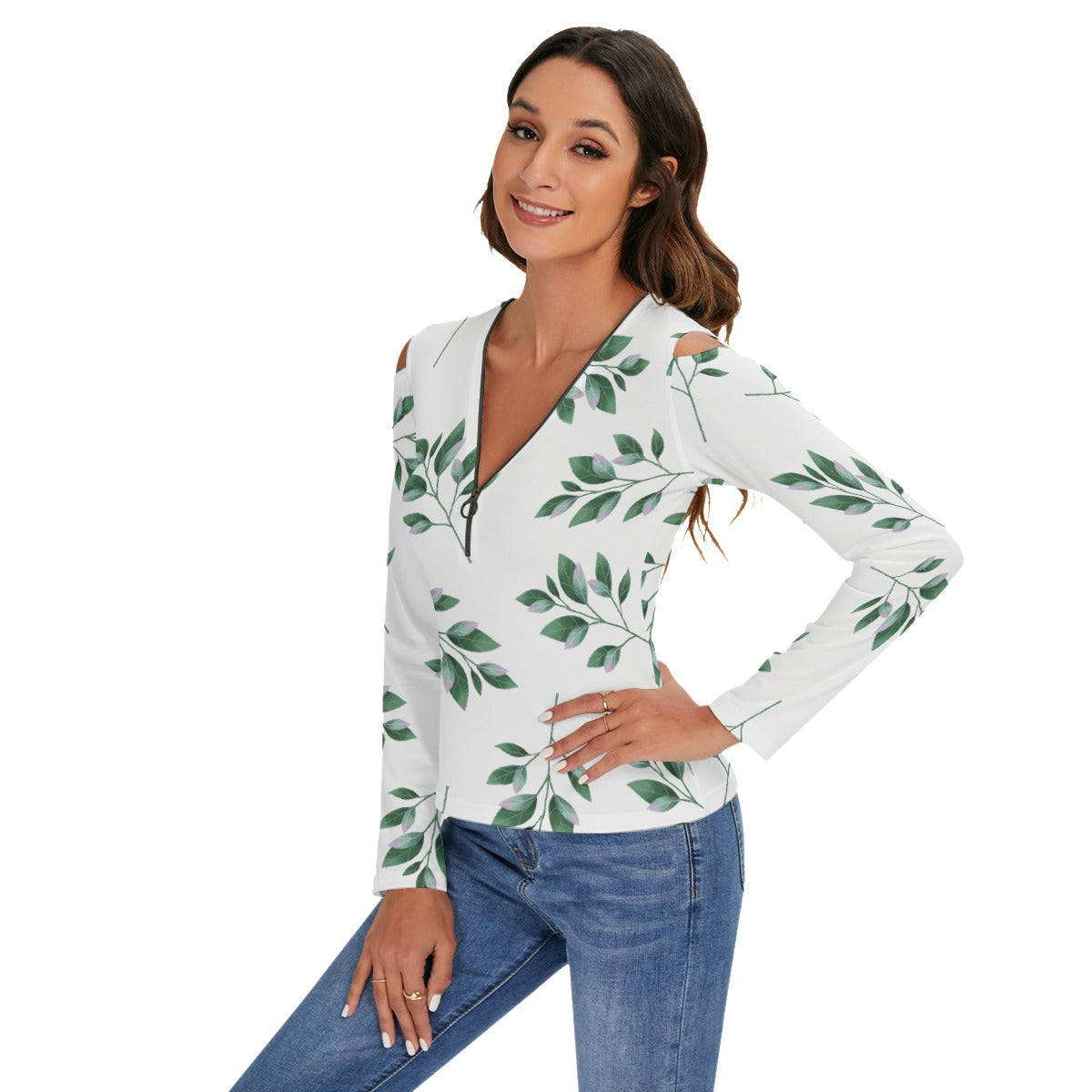 LB Jessica Leaf Cold Shoulder Half Zip V-Neck Blouse