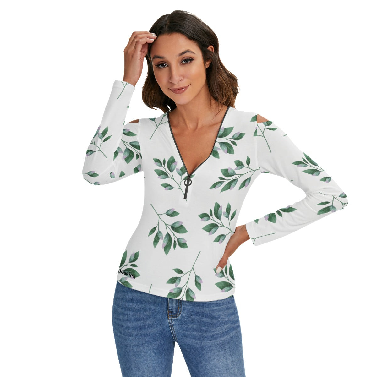 LB Jessica Leaf Cold Shoulder Half Zip V-Neck Blouse