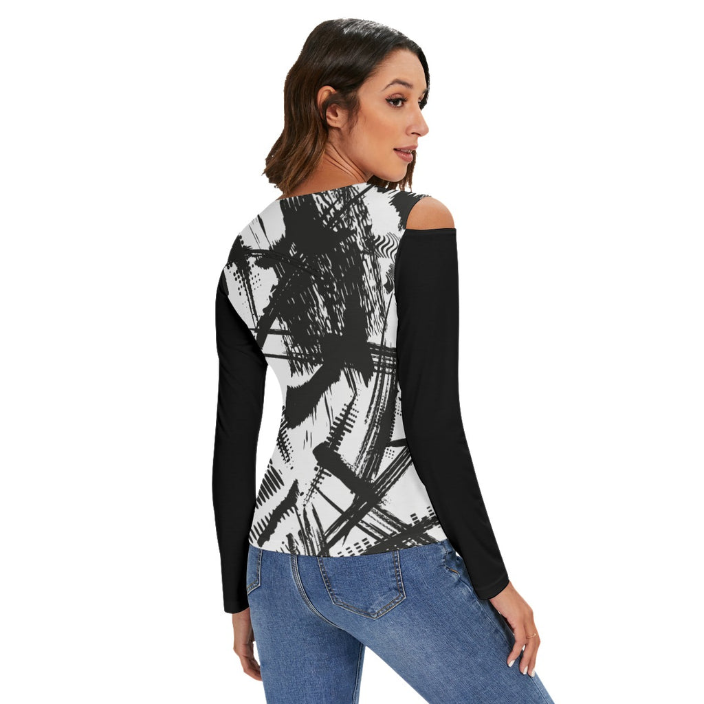 LB Jessica Black and white print Cold Shoulder Half Zip V-Neck Blouse
