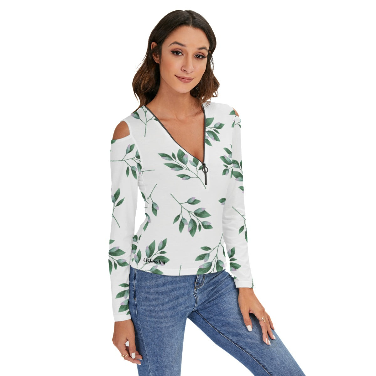 LB Jessica Leaf Cold Shoulder Half Zip V-Neck Blouse