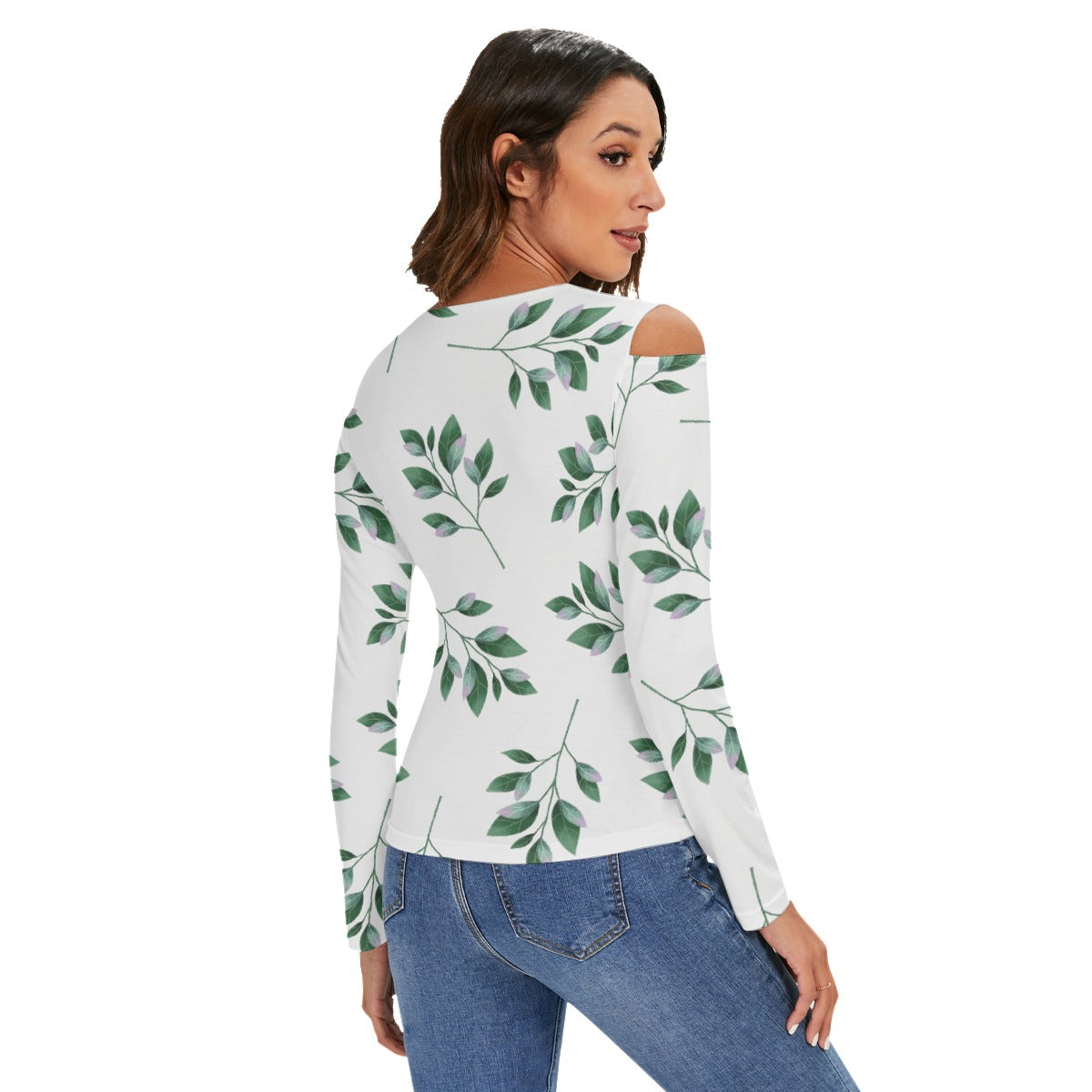 LB Jessica Leaf Cold Shoulder Half Zip V-Neck Blouse