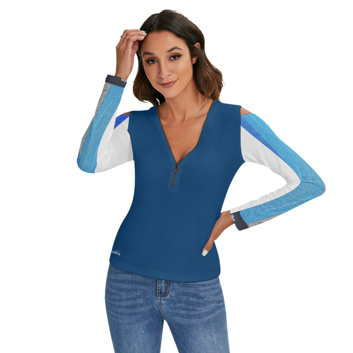 LB Jessica Blue Cold Shoulder Half Zip V-Neck Blouse