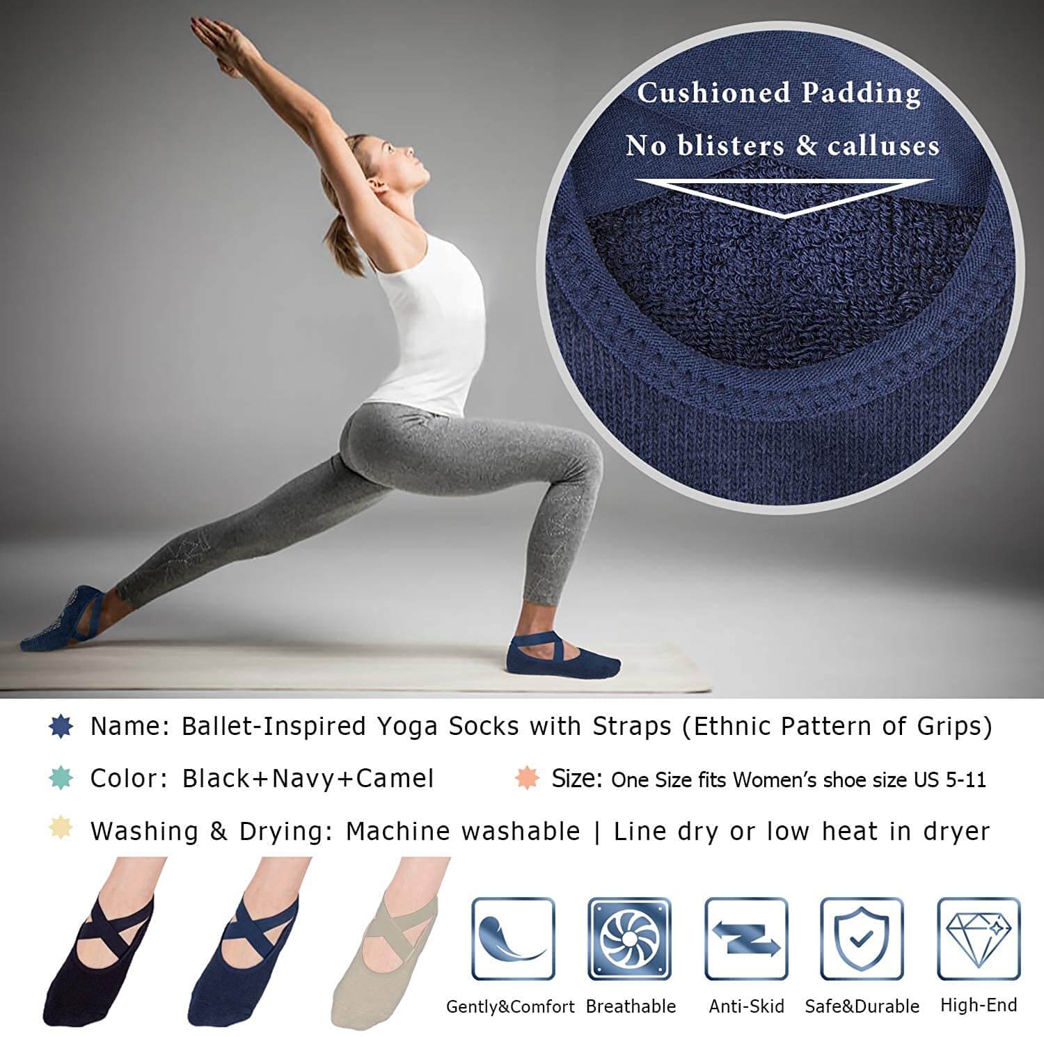 Non Slip Socks for Yoga Pilates Barre Fitness Hospital Socks for Women, 4 Pack