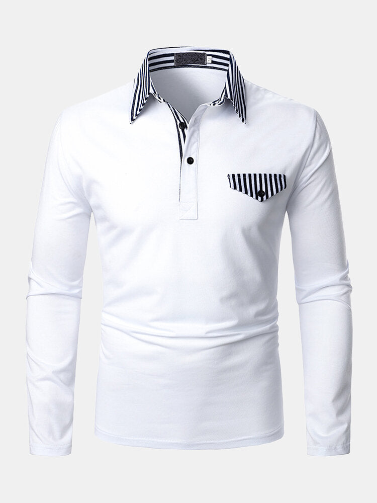 Mens Contrast Striped Regular Fit Long Sleeve Golf Shirt