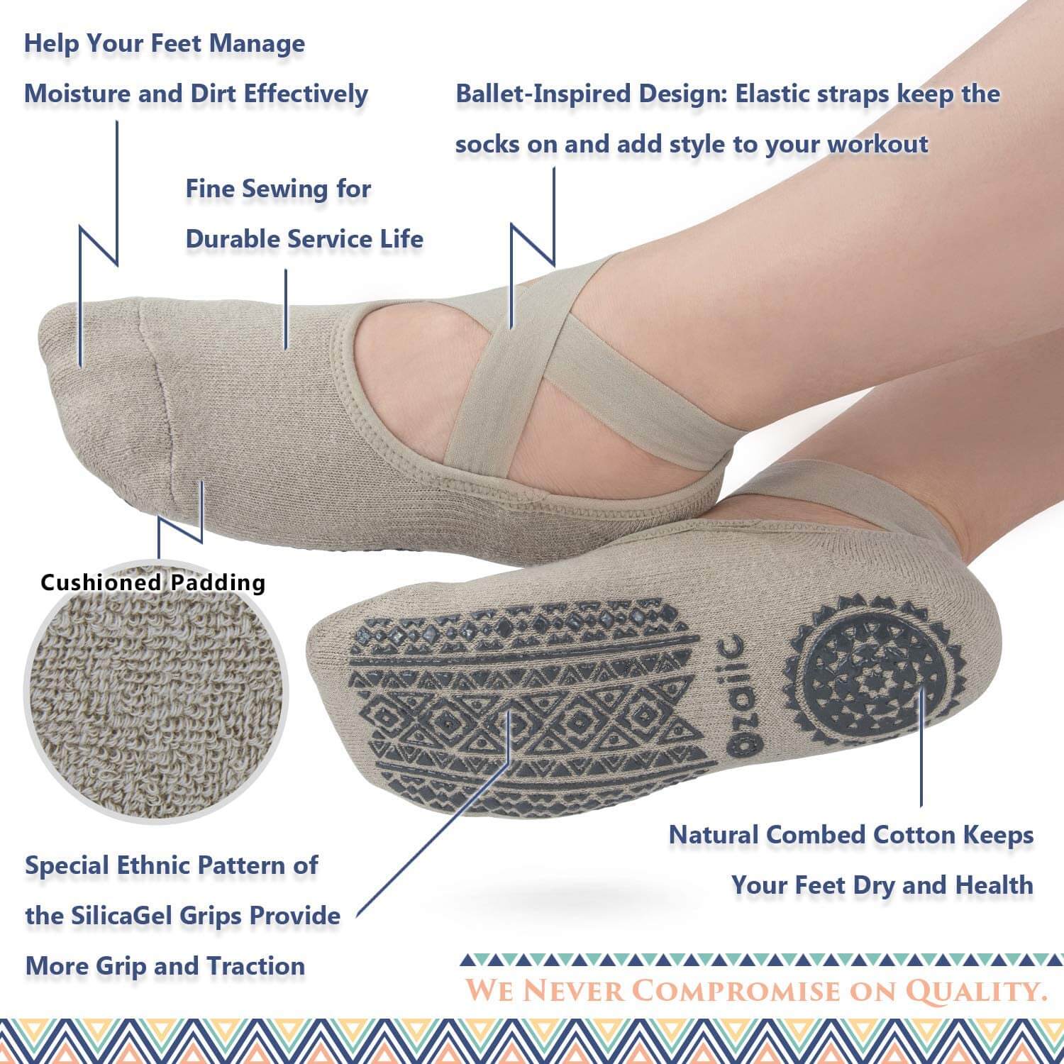 Non Slip Socks for Yoga Pilates Barre Fitness Hospital Socks for Women, 4 Pack
