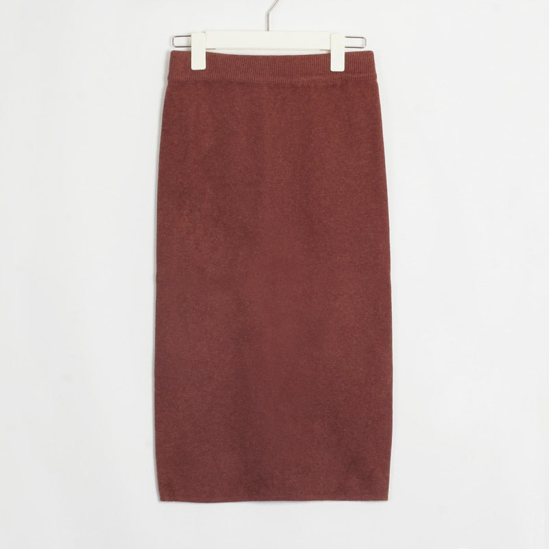 Wixra Womens Knitted Straight Skirts Solid Basic Ladies High Waist Knee-length Skirt Streetwear 2020 Autumn Winter New