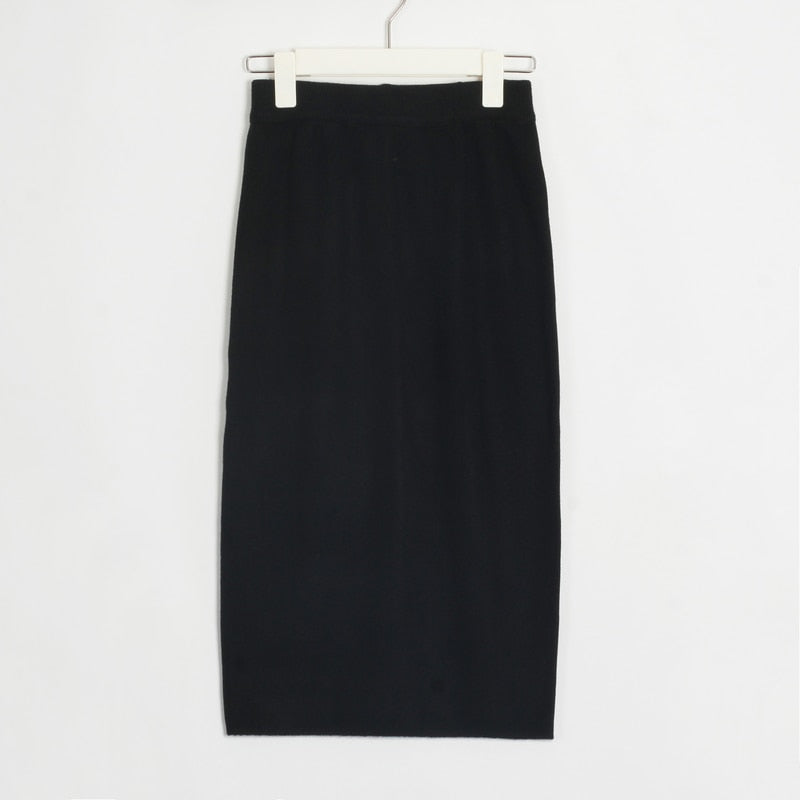 Wixra Womens Knitted Straight Skirts Solid Basic Ladies High Waist Knee-length Skirt Streetwear 2020 Autumn Winter New