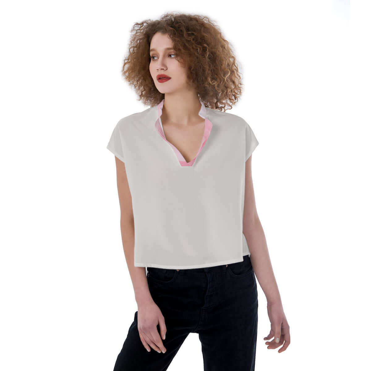 LB Jessica white V-neck Stand-up Collar Golf Shirt
