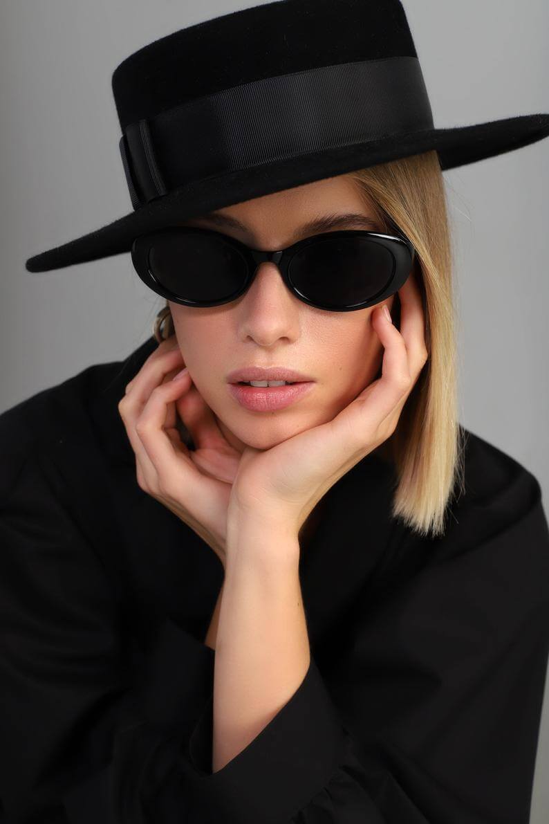 Small oval black designer sunglasses women | Etsy