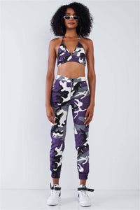 Purple Camouflage High Waisted Parachute Jogger Pant Triangle Halter Crop Top Two Piece Set