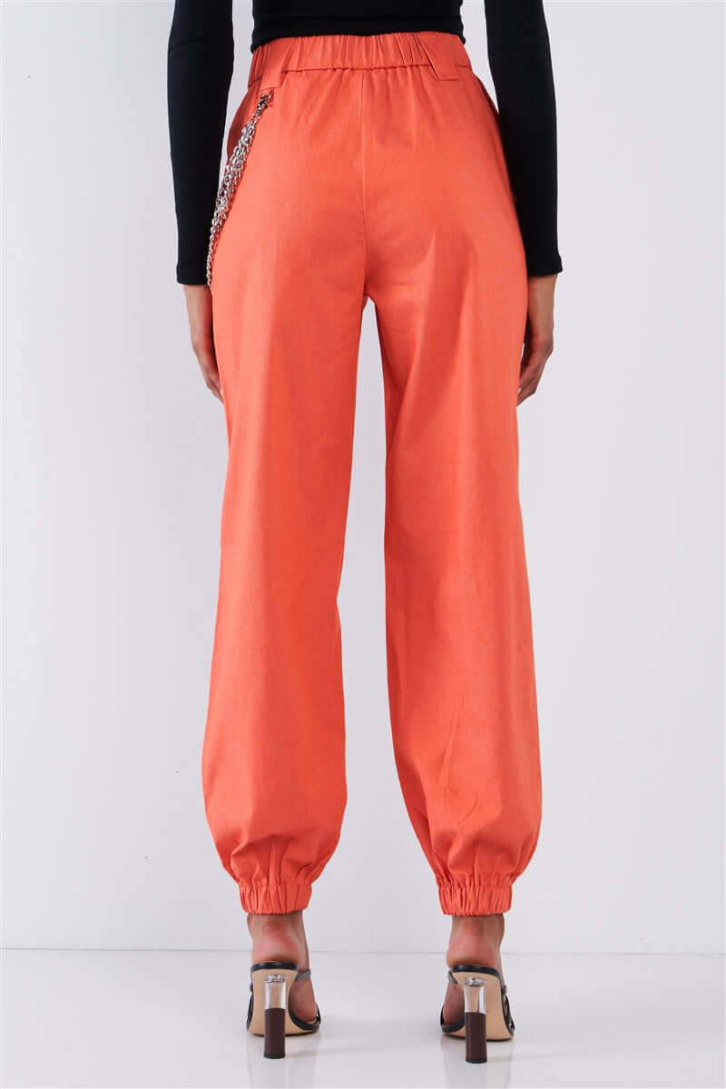 Solid Orange Parachute Cargo Jogger Pants With Chain Hardware Detail